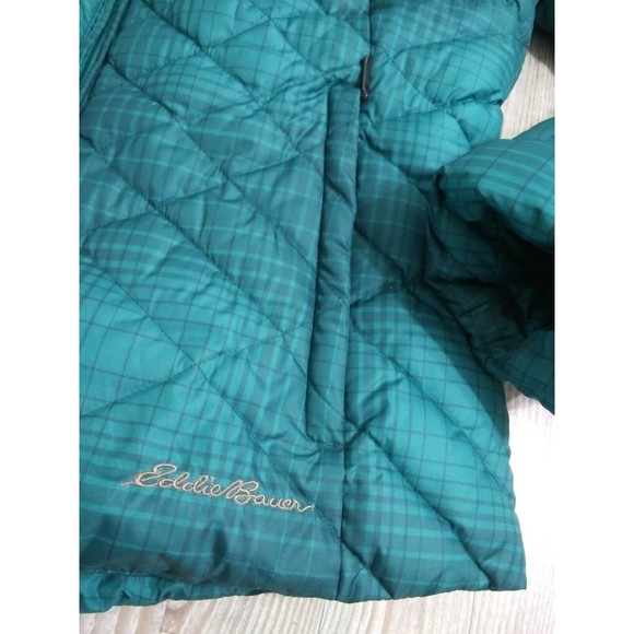 Eddie Bauer Women's Small Goose Down Jacket Green Plaid Puffer Quilted Ski Coat - Picture 4 of 11